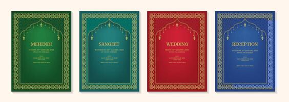 Set of four Islamic-themed wedding invitation cards for Mehendi, Sangeet, Wedding, and Reception, each with gold pattern borders and distinct green, teal, red, and blue backgrounds. vector