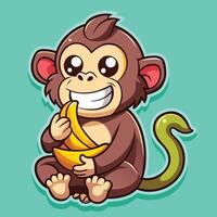 Playful Monkey Delightfully Munching on a Banana in a Cartoon Sticker vector