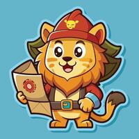 Treasure-Seeking Lion Cartoon with Map Guiding the Way vector