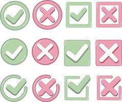 Right and Wrong Sign. Green Tick and Red Cross Symbol Collection Set vector