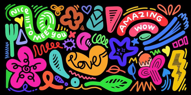 Naive cute abstract shapes sticker pack. Fun funky flowers, bubbles, stars, circles, eyes typography in trendy retro 90s cartoon style