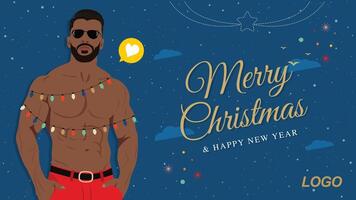 Merry Christmas and Happy New Year banner with a muscle man with a beard vector