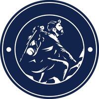 Circular mountaineer logo in minimalist retro style in blue color vector