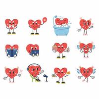 Set of cartoon stickers. Heart is in groove style and performs various actions. Cute character for decoration of postcard. vector