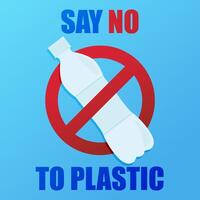 Plastic bottle. Environmental poster with text. Pollution problem concept. Prohibition sign. Say no to plastic. vector