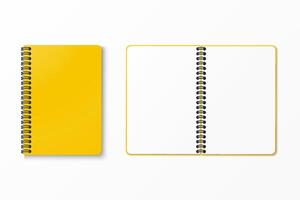 Design concept. Top view of yellow spiral notebook with space for your image or text isolated on white background for mockup. vector