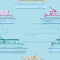 Editable Outline Style Side View Pontoon Boat on Calm Water Vectorized Illustration as Seamless Pattern for Creating Background of Transportation or Recreation Related Design vector