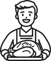 Smiling man holding a tray with roasted turkey for thanksgiving clean simple icon outline black vector