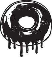 a black and white drawing of a donut with a dripping liquid vector