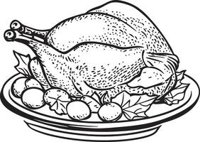 a turkey on a plate with fruit and leaves coloring page vector