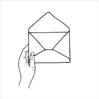 hand holding blank open envelope for letter line art black and white ink sketch. Monochrome template message concept illustration for your text. For web sites, apps, stores, message delivery vector