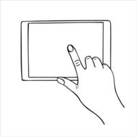 Monochrome finger on horizontal screen touch tablet isolated sketch illustration painted by black inks. Etching drawing of smart Device with Gestures and empty space for your text. vector