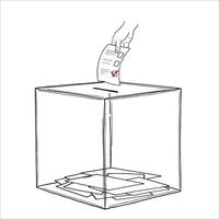 Voting paper with red checkmark inserting into transparent ballot box hand drawn isolated illustration. Putting the choice sketch. Election day concept for brochure, promotional, poster vector