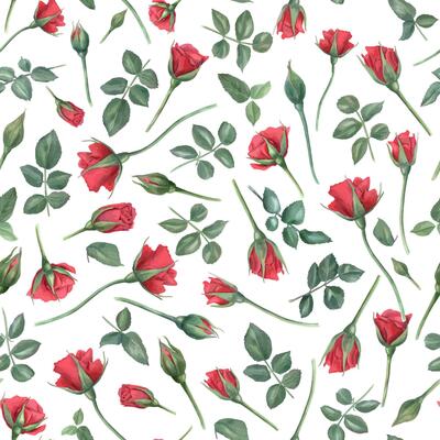 Ruby flowers and green leaves on stems. Red roses. Seamless pattern. Blooming summer garden flower with buds. Watercolor illustration. For wedding, memorial day, mother day design