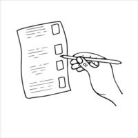 Hand holds pen and marks on planner or business organizer sketch in black and white graphic. To do list or questionnaire illustration. For web sites, apps, stores. Concept of survey, quiz vector