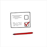Paper sheet with red check mark and marker sketch in black and white graphic. To do checklist or planning hand drawn illustration. For web sites, apps, stores. Concept of survey, quiz vector