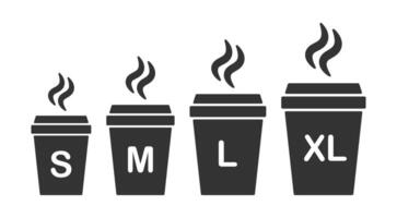 Paper coffee cup size icon symbol collection. Small, medium, large and extra large take away drink set logo sign. illustration. Isolated on white background. vector
