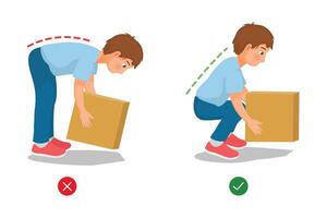 Correct and Incorrect body postures of young man lifting heavy objects vector