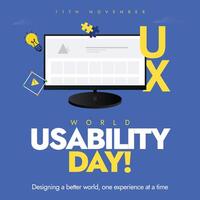 World Usability day. 11th November World UX day celebration banner with monitor, UX written in yellow font vector
