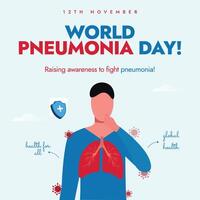 12th November Pneumonia day celebration banner, post with inside of view lungs of a person, virus icons vector