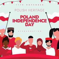 11th November Polish Independence day celebration banner with its flags, people of different age wearing red and white clothes vector