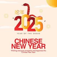 Chinese New Year. 2025 Snake year celebration banner with snake in red colour. Chinese text Translation Year of Snake. Lunar year celebration banner, post with red and golden text. China's Festivals vector