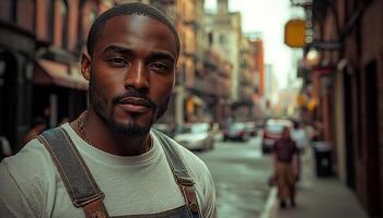 Confident man in city, smiling, fashionable, standing generated by AI photo