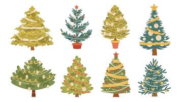 Set of Christmas trees of different shapes with garlands, balls and toys. Christmas trees on white background vector