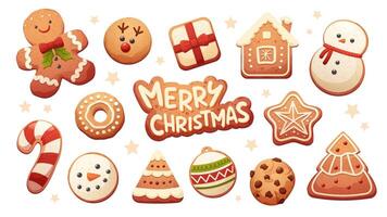 Set of Christmas cookies and gingerbread on white background. Painted sweets with patterns and designs made of mastic. illustrations vector