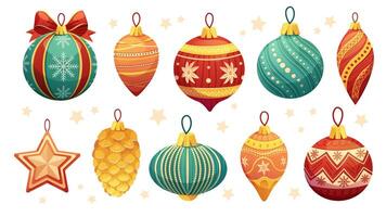 Set of painted Christmas tree toys on white background. Festive glass balls with pattern. isolated elements vector