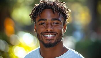 Man with afro smiling, exuding confidence and happiness generated by AI photo