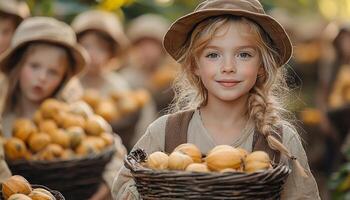 Smiling girls holding pumpkin, enjoying autumn harvest fun generated by AI photo
