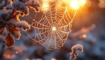 Spider web glistens in dew on autumn leaf generated by AI photo