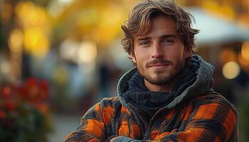Man with beard smiling in warm autumn jacket generated by AI photo