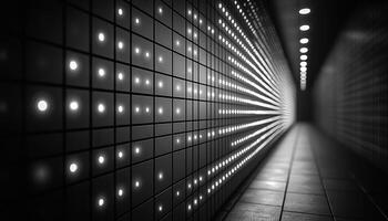 Futuristic corridor with bright ceiling and shiny flooring generated by AI photo