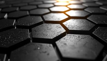 Shiny metallic hexagon pattern on wet dark backdrop generated by AI photo