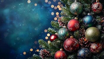 Glowing snowflake ornament on dark winter tree branch generated by AI photo