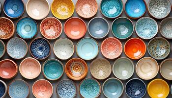 Large collection of colorful pottery in vibrant patterns generated by AI photo