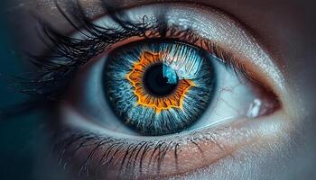 Beautiful woman staring with shiny blue eyes at camera generated by AI photo