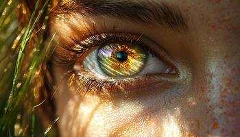 Green eyes staring, watching, beauty in human face generated by AI photo