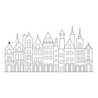 Outline Illustration in a simple, minimal geometric style - a cityscape with buildings and trees, presented as a horizontal banner. vector