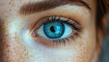 Caucasian woman with green eyes staring at camera portrait generated by AI photo