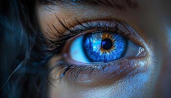 Green eyes staring, futuristic beauty watching, selective focus generated by AI photo