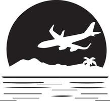 an airplane flying over the ocean and palm trees vector