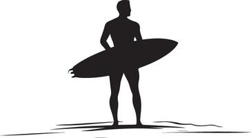 silhouette of a surfer standing on the beach with a surfboard vector