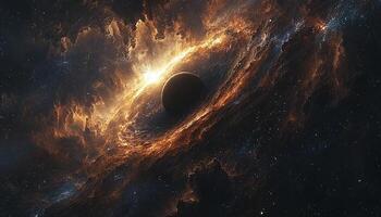 Glowing star in dark sky, galaxy orbiting planet generated by AI photo
