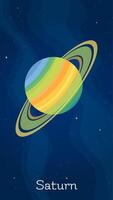 Star system planet Saturn illustration. Celestial sphere object graphic concept with space planet Saturn on starry night sky comic style vertical background for universe art decoration. vector