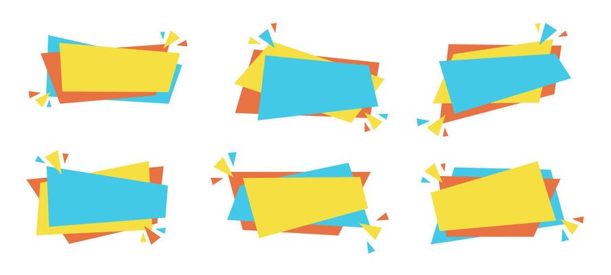 Horizontal rectangle promo tag set, abstract web sale banner, flat festive discount label, isolated trendy promotion ribbon with confetti, color geometric price coupon collection, illustration
