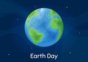 Earth Day environmental poster concept art. Cartoon style planet Earth on horizontal blue space background for global environment protection and ecology saving project vector
