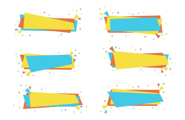 Abstract isolated discount ribbon set, flat geometric promo label, web trendy promotion coupon collection, color rectangle sale tag, horizontal festive price banner with confetti, illustration